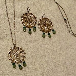 Handmade Boho Vintage Gold and Green Necklace and earrings!! NWT